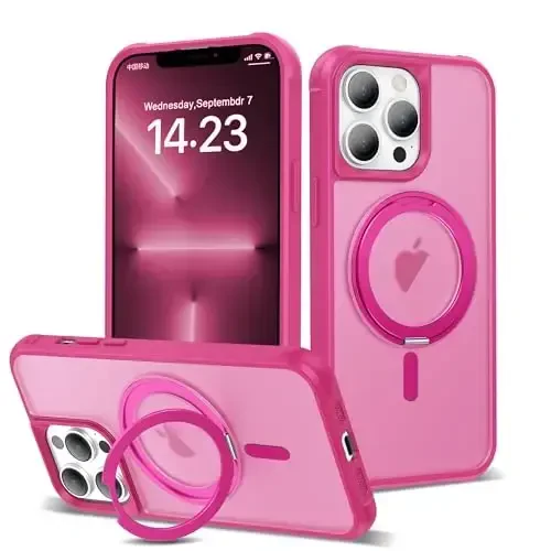 TOKVANZ iPhone 13 Pro uchun 360° aylanuvchi magnitli halqali stendli g‘ilof [Mag-Safe mos] [Harbiy darajadagi himoya] Ayollar va erkaklar uchun yarim shaffof matli telefon g‘iloflari 6.1'', och qizil 