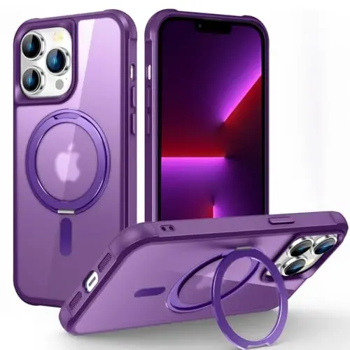 TOKVANZ iPhone 13 Pro uchun g'ilof, 360° aylanadigan magnit halqali stend [Mag-Safe mos] [Harbiy darajadagi himoya] Shaffof matli telefon g'iloflari ayollar va erkaklar uchun 6,1'', binafsha - TOKVANZ
