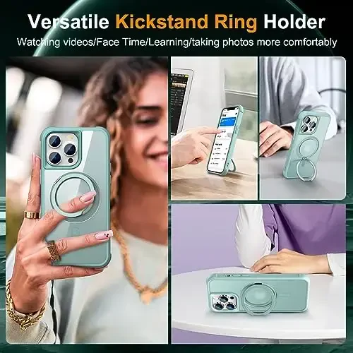 TOKVANZ iPhone 13 Pro uchun mo'ljallangan g'ilof 360° aylanadigan magnit halqali stend bilan [Mag-Safe mos] [Harbiy darajadagi himoya] Ayollar va erkaklar uchun yarim shaffof matli telefon g'iloflari 6.1'', Yashil - 4