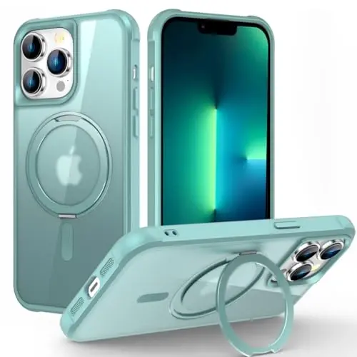 TOKVANZ iPhone 13 Pro uchun mo'ljallangan g'ilof 360° aylanadigan magnit halqali stend bilan [Mag-Safe mos] [Harbiy darajadagi himoya] Ayollar va erkaklar uchun yarim shaffof matli telefon g'iloflari 6.1'', Yashil - TOKVANZ