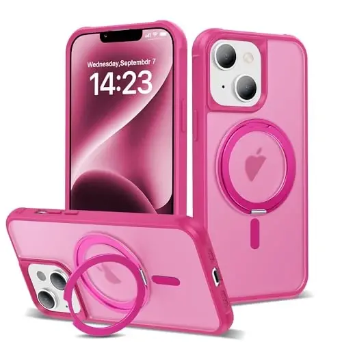 TOKVANZ Designed for iPhone 13/14 Case with 360° Rotatable Magnetic Ring Stand [Compatible Mag-Safe] [Military Grade Protection] Translucent Matte Phone Cases for Women Men 6.1'', Rose Red - 1