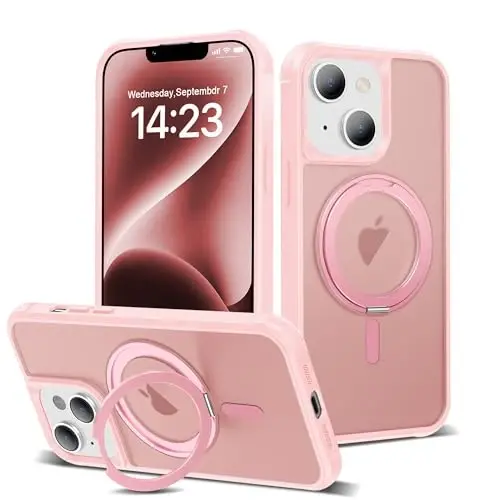 TOKVANZ Designed for iPhone 13/14 Case with 360° Rotatable Magnetic Ring Stand [Compatible Mag-Safe] [Military Grade Protection] Translucent Matte Phone Cases for Women Men 6.1'', Pink - 1