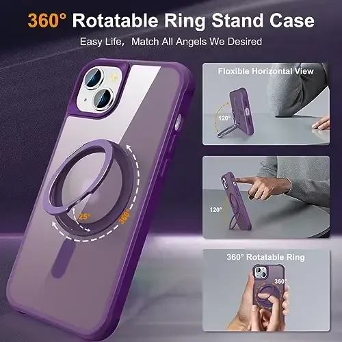TOKVANZ Designed for iPhone 13/14 Case with 360° Rotatable Magnetic Ring Stand [Compatible Mag-Safe] [Military Grade Protection] Translucent Matte Phone Cases for Women Men 6.1'', Purple - 2