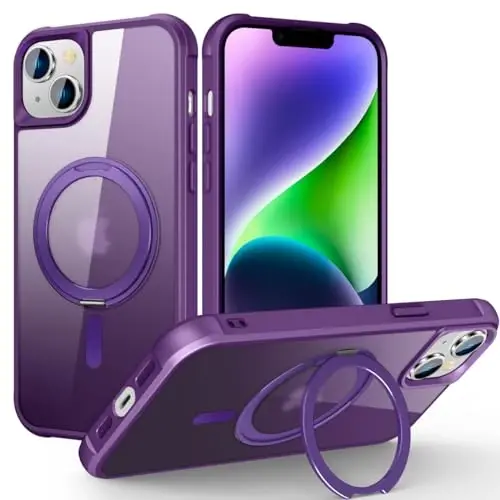 TOKVANZ Designed for iPhone 13/14 Case with 360° Rotatable Magnetic Ring Stand [Compatible Mag-Safe] [Military Grade Protection] Translucent Matte Phone Cases for Women Men 6.1'', Purple - 1