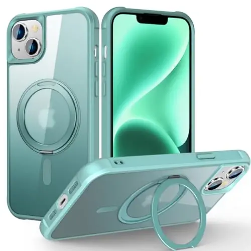 TOKVANZ Designed for iPhone 13/14 Case with 360° Rotatable Magnetic Ring Stand [Compatible Mag-Safe] [Military Grade Protection] Translucent Matte Phone Cases for Women Men 6.1'', Green - 1