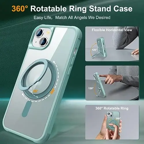 TOKVANZ Designed for iPhone 13/14 Case with 360° Rotatable Magnetic Ring Stand [Compatible Mag-Safe] [Military Grade Protection] Translucent Matte Phone Cases for Women Men 6.1'', Green - TOKVANZ (1)