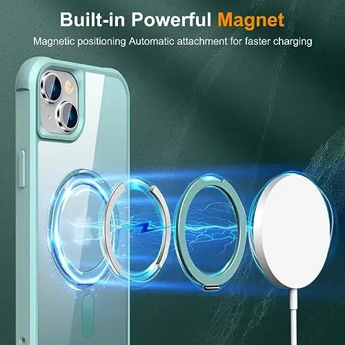 TOKVANZ Designed for iPhone 13/14 Case with 360° Rotatable Magnetic Ring Stand [Compatible Mag-Safe] [Military Grade Protection] Translucent Matte Phone Cases for Women Men 6.1'', Green - 3