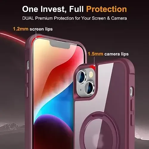 TOKVANZ Designed for iPhone 13/14 Case with 360° Rotatable Magnetic Ring Stand [Compatible Mag-Safe] [Military Grade Protection] Translucent Matte Phone Cases for Women Men 6.1'', Wine Red - 7