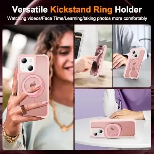 TOKVANZ iPhone 13/14 uchun 360° aylanadigan magnit halqali stendli g'ilof [Mag-Safe mos] [Harbiy darajadagi himoya] Shaffof matli telefon g'iloflari ayollar va erkaklar uchun 6.1'', pushti - 4