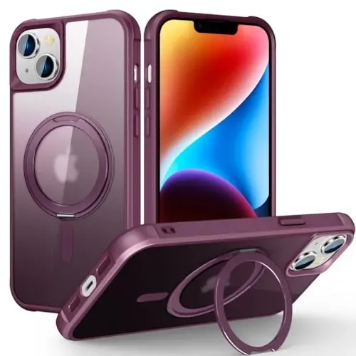 TOKVANZ iPhone 14 Plus Kılıfı, 360° Dönebilen Manyetik Halka Standı [Mag-Safe Uyumlu] [Askeri Sınıf Koruma] Kadın Erkek için Yarı Saydam Mat Telefon Kılıfları 6.7'', Şarap Kırmızısı 