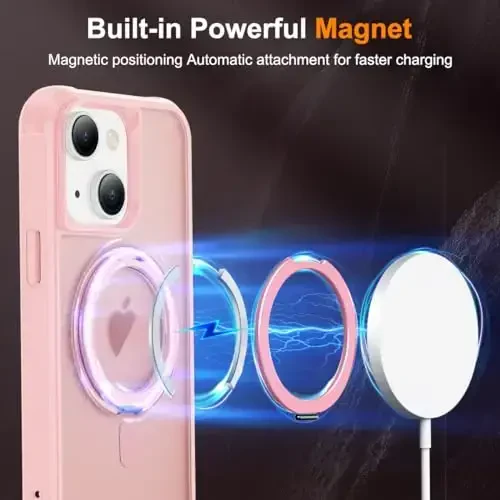 TOKVANZ Designed for iPhone 14 Plus Case with 360° Rotatable Magnetic Ring Stand [Compatible Mag-Safe] Military Grade Protection Translucent Matte Phone Case for Women Men 6.7'', Pink - 3