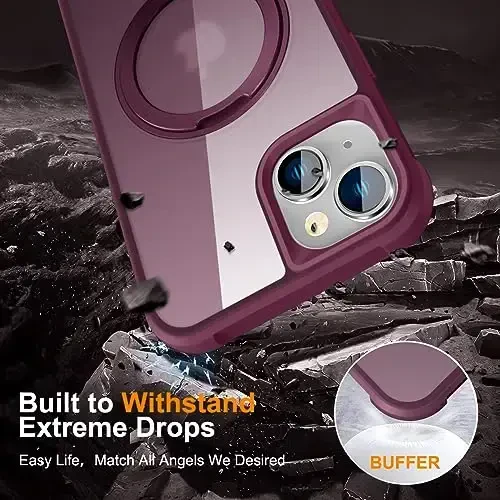 TOKVANZ iPhone 14 Plus uchun 360° aylanadigan magnit halqali stendga ega [Mag-Safe bilan mos] [Harbiy darajadagi himoya] Shaffof matli telefon qopqoqlari ayollar va erkaklar uchun 6,7'', vino rangi - 6