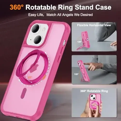 TOKVANZ iPhone 14 Plus uchun mo'ljallangan g'ilof, 360° aylanadigan magnit halqali stend bilan [Mag-Safe mos] [Harbiy darajadagi himoya] Shaffof matli telefon g'iloflari ayollar va erkaklar uchun 6,7'', och qizil - 2