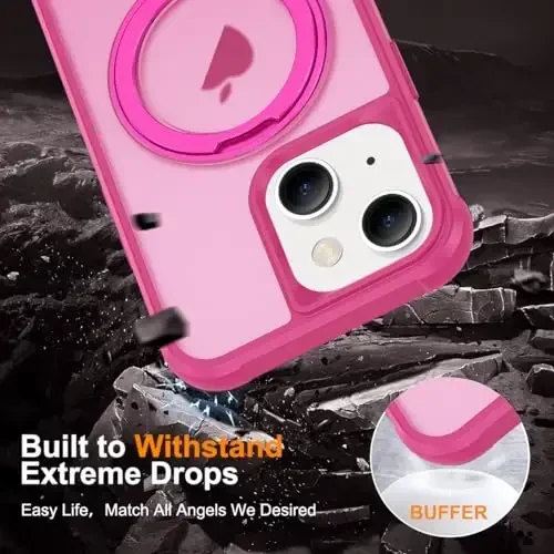 TOKVANZ iPhone 14 Plus uchun mo'ljallangan g'ilof, 360° aylanadigan magnit halqali stend bilan [Mag-Safe mos] [Harbiy darajadagi himoya] Shaffof matli telefon g'iloflari ayollar va erkaklar uchun 6,7'', och qizil - 6