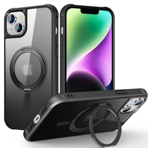 TOKVANZ iPhone 14 Plus uchun mo'ljallangan g'ilof, 360° aylanuvchi magnit halqali stend [Mag-Safe mos], [Harbiy darajadagi himoya] Yarim shaffof mat telefon g'iloflari ayollar va erkaklar uchun 6,7'', Qora 