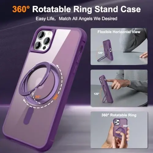 TOKVANZ Designed for iPhone 14 Pro Case with 360° Rotatable Magnetic Ring Stand [Compatible Mag-Safe] [Military Grade Protection] Translucent Matte Phone Cases for Women Men 6.1'', Purple - 2