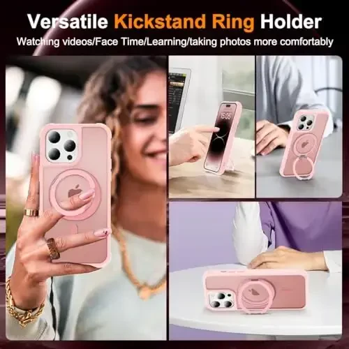 TOKVANZ Designed for iPhone 14 Pro Case with 360° Rotatable Magnetic Ring Stand [Compatible Mag-Safe] [Military Grade Protection] Translucent Matte Phone Cases for Women Men 6.1'', Pink - 4