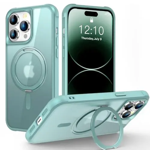 TOKVANZ Designed for iPhone 14 Pro Max Case with 360° Rotatable Magnetic Ring Stand [Compatible Mag-Safe] [Military Grade Protection] Translucent Matte Phone Cases for Women Men 6.7'', Green - TOKVANZ