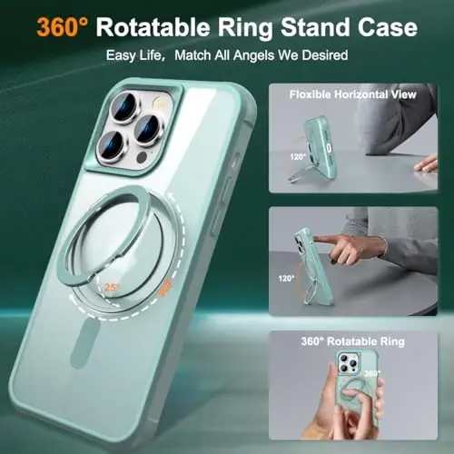 TOKVANZ Designed for iPhone 14 Pro Max Case with 360° Rotatable Magnetic Ring Stand [Compatible Mag-Safe] [Military Grade Protection] Translucent Matte Phone Cases for Women Men 6.7'', Green - TOKVANZ (1)