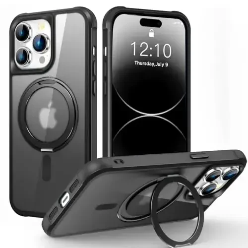 TOKVANZ iPhone 14 Pro Max uchun 360° aylanuvchi magnit halqali stendli [Mag-Safe mos] [Harbiy darajadagi himoya] yarim shaffof matli telefon g'iloflari ayollar va erkaklar uchun 6.7'', Qora - 1