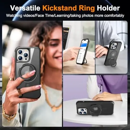 TOKVANZ iPhone 14 Pro Max uchun 360° aylanuvchi magnit halqali stendli [Mag-Safe mos] [Harbiy darajadagi himoya] yarim shaffof matli telefon g'iloflari ayollar va erkaklar uchun 6.7'', Qora - 4