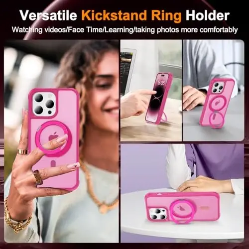 TOKVANZ iPhone 14 Pro Max uchun mo'ljallangan 360° aylanuvchi magnit halqali stendli g'ilof [Mag-Safe mos] [Harbiy darajadagi himoya] Ayollar va erkaklar uchun yarim shaffof mat telefon g'iloflari 6.7'', pushti qizil - 4