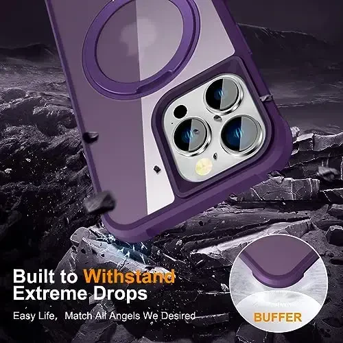 TOKVANZ iPhone 14 Pro Max uchun mo'ljallangan g'ilof, 360° aylanadigan magnitli halqali stend [Mag-Safe bilan mos] [Harbiy darajadagi himoya] Shaffof matli telefon g'iloflari ayollar va erkaklar uchun 6,7'', binafsha - 6