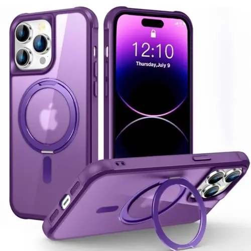 TOKVANZ iPhone 14 Pro Max uchun mo'ljallangan g'ilof, 360° aylanadigan magnitli halqali stend [Mag-Safe bilan mos] [Harbiy darajadagi himoya] Shaffof matli telefon g'iloflari ayollar va erkaklar uchun 6,7'', binafsha 