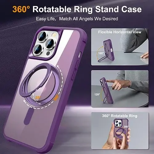 TOKVANZ iPhone 14 Pro Max uchun mo'ljallangan g'ilof, 360° aylanadigan magnitli halqali stend [Mag-Safe bilan mos] [Harbiy darajadagi himoya] Shaffof matli telefon g'iloflari ayollar va erkaklar uchun 6,7'', binafsha - 2