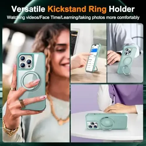 TOKVANZ iPhone 14 Pro uchun 360° aylanadigan magnit halqali stendli g'ilof [Mag-Safe mos] [Harbiy darajadagi himoya] Ayollar va erkaklar uchun yarim shaffof matli telefon g'iloflari 6.1'', Yashil - 4