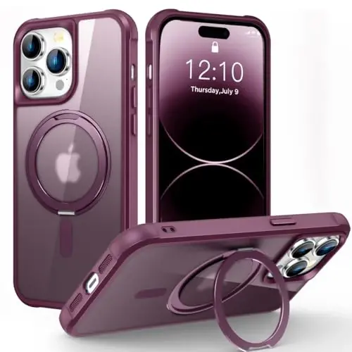 TOKVANZ iPhone 14 Pro uchun 360° aylanadigan magnit halqali stendli g‘ilof [Mag-Safe mos] [Harbiy darajadagi himoya] Shaffof matli telefon g‘iloflari ayollar va erkaklar uchun 6,1'', to‘q qizil 