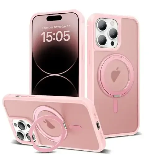 TOKVANZ iPhone 14 Pro uchun 360° aylanuvchi magnit halqali stendli g'ilof [Mag-Safe mos] [Harbiy darajadagi himoya] Ayollar va erkaklar uchun shaffof matli telefon g'iloflari 6.1'', pushti - TOKVANZ