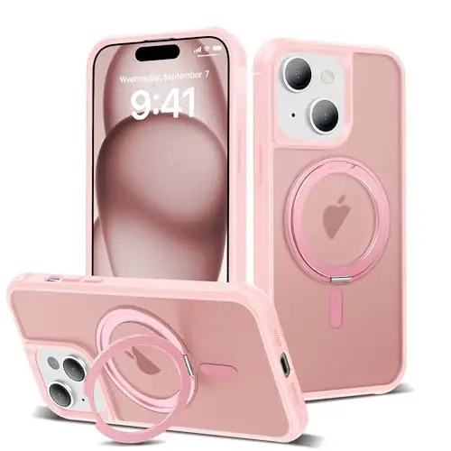 TOKVANZ Designed for iPhone 15 Case with 360° Rotatable Magnetic Ring Stand [Compatible Mag-Safe] [Military Grade Protection] Translucent Matte Phone Cases for Women Men 6.1'', Pink - 1