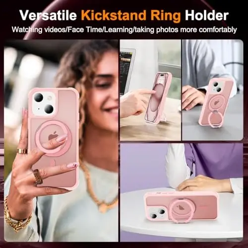 TOKVANZ Designed for iPhone 15 Case with 360° Rotatable Magnetic Ring Stand [Compatible Mag-Safe] [Military Grade Protection] Translucent Matte Phone Cases for Women Men 6.1'', Pink - 4