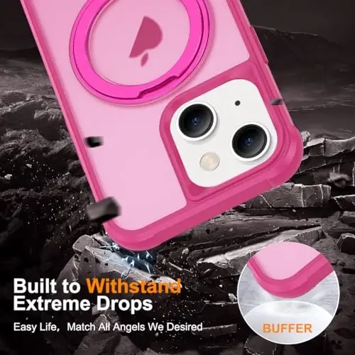 TOKVANZ Designed for iPhone 15 Case with 360° Rotatable Magnetic Ring Stand [Compatible Mag-Safe] [Military Grade Protection] Translucent Matte Phone Cases for Women Men 6.1'', Rose Red - 6