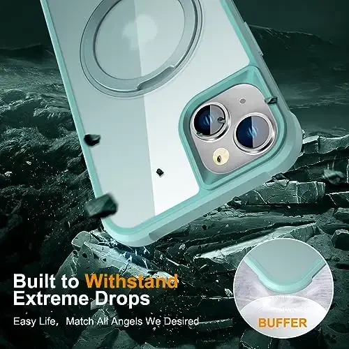 TOKVANZ Designed for iPhone 15 Case with 360° Rotatable Magnetic Ring Stand [Compatible Mag-Safe] [Military Grade Protection] Translucent Matte Phone Cases for Women Men 6.1'', Green - 6