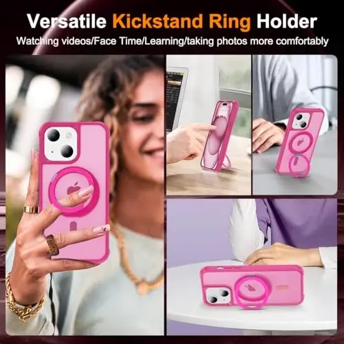 TOKVANZ Designed for iPhone 15 Plus Case with 360° Rotatable Magnetic Ring Stand [Compatible Mag-Safe] [Military Grade Protection] Translucent Matte Phone Cases for Women Men 6.7'', Rose Red - 4