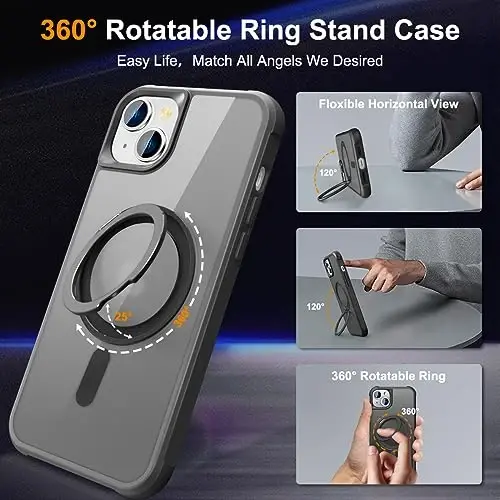 TOKVANZ Designed for iPhone 15 Plus Case with 360° Rotatable Magnetic Ring Stand [Compatible Mag-Safe] [Military Grade Protection] Translucent Matte Phone Cases for Women Men 6.7'', Black - 2
