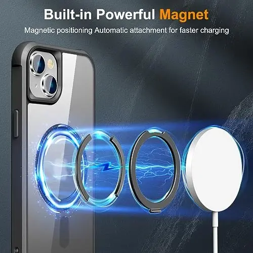 TOKVANZ Designed for iPhone 15 Plus Case with 360° Rotatable Magnetic Ring Stand [Compatible Mag-Safe] [Military Grade Protection] Translucent Matte Phone Cases for Women Men 6.7'', Black - 3