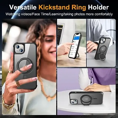 TOKVANZ Designed for iPhone 15 Plus Case with 360° Rotatable Magnetic Ring Stand [Compatible Mag-Safe] [Military Grade Protection] Translucent Matte Phone Cases for Women Men 6.7'', Black - 4