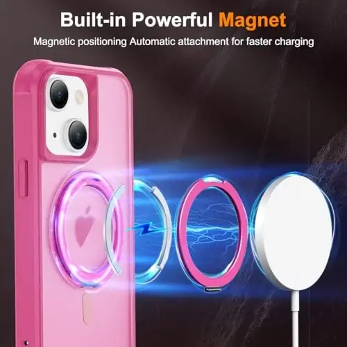 TOKVANZ iPhone 15 Plus uchun 360° aylanuvchi magnit halqali stendga ega g'ilof [Mag-Safe bilan mos] [Harbiy darajadagi himoya] Ayollar va erkaklar uchun shaffof matli telefon g'iloflari 6,7'', och qizil - 3