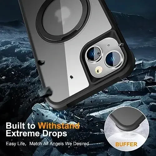 TOKVANZ iPhone 15 Plus uchun g‘ilof, 360° aylanuvchi magnit halqali stend [Mag-Safe bilan mos] [Harbiy darajadagi himoya] Shaffof matli telefon g‘iloflari ayollar va erkaklar uchun 6,7'', qora - 6