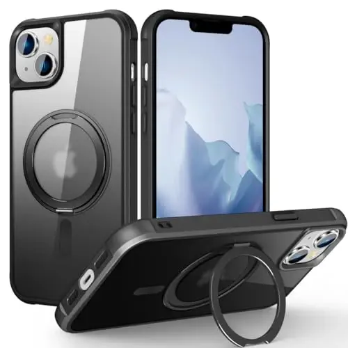 TOKVANZ iPhone 15 Plus uchun g‘ilof, 360° aylanuvchi magnit halqali stend [Mag-Safe bilan mos] [Harbiy darajadagi himoya] Shaffof matli telefon g‘iloflari ayollar va erkaklar uchun 6,7'', qora - 1