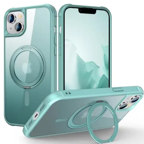 TOKVANZ iPhone 15 Plus uchun mo'ljallangan 360° aylanuvchi magnit halqali stendli g'ilof [Mag-Safe bilan mos] [Harbiy darajadagi himoya] Ayollar va erkaklar uchun yarim shaffof matli telefon g'iloflari 6.7'', Yashil - TOKVANZ