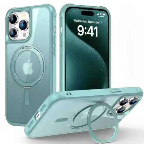 TOKVANZ Designed for iPhone 15 Pro Case with 360° Rotatable Magnetic Ring Stand [Compatible Mag-Safe] [Military Grade Protection] Translucent Matte Phone Cases for Women Men 6.1'', Green - 1