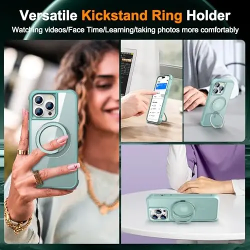 TOKVANZ Designed for iPhone 15 Pro Case with 360° Rotatable Magnetic Ring Stand [Compatible Mag-Safe] [Military Grade Protection] Translucent Matte Phone Cases for Women Men 6.1'', Green - 4