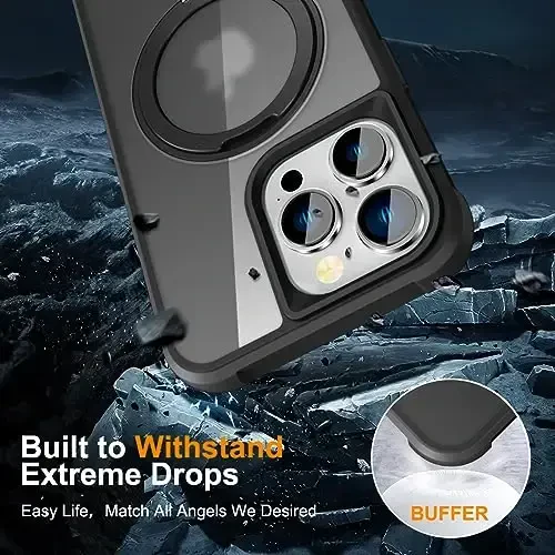 TOKVANZ Designed for iPhone 15 Pro Max Case with 360° Rotatable Magnetic Ring Stand [Compatible Mag-Safe] [Military Grade Protection] Translucent Matte Phone Cases for Women Men 6.7'', Black - 6