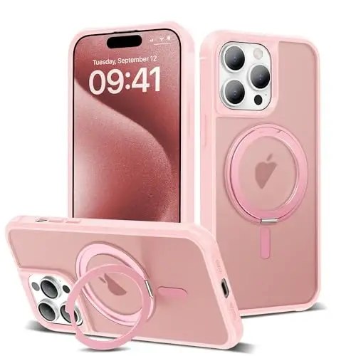 TOKVANZ Designed for iPhone 15 Pro Max Case with 360° Rotatable Magnetic Ring Stand [Compatible Mag-Safe] [Military Grade Protection] Translucent Matte Phone Cases for Women Men 6.7'', Pink - 1