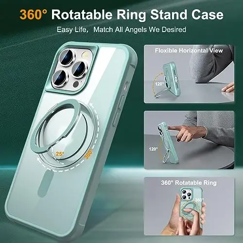 TOKVANZ Designed for iPhone 15 Pro Max Case with 360° Rotatable Magnetic Ring Stand [Compatible Mag-Safe] [Military Grade Protection] Translucent Matte Phone Cases for Women Men 6.7'', Green - 2