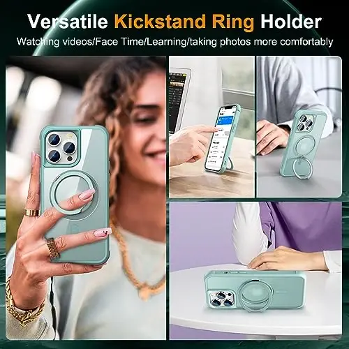 TOKVANZ Designed for iPhone 15 Pro Max Case with 360° Rotatable Magnetic Ring Stand [Compatible Mag-Safe] [Military Grade Protection] Translucent Matte Phone Cases for Women Men 6.7'', Green - 4